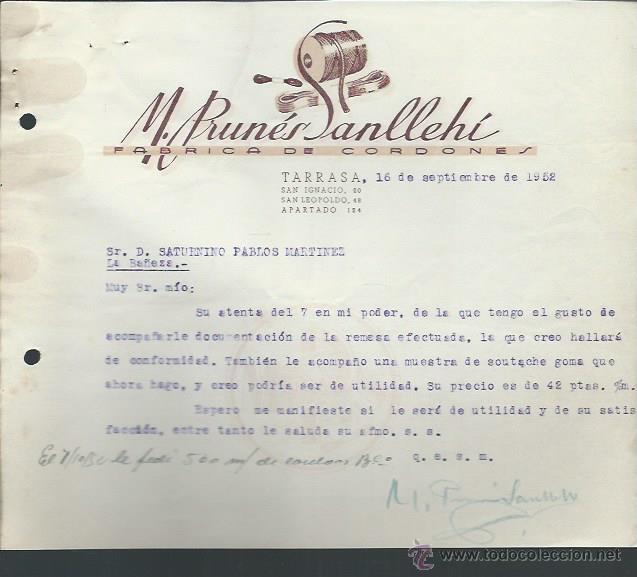Lettere commerciali: CARTA COMERICAL F&Aacute;BRICA DE CORDONES M.BRUN&Eacute;S SANLLEH&Iacute;, TARRASA 16 SEPTIEMBRE 1952