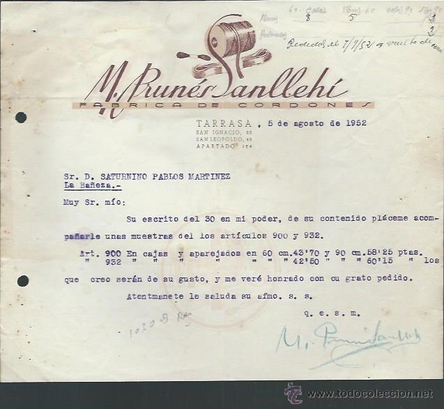 Lettere commerciali: CARTA COMERICAL F&Aacute;BRICA DE CORDONES M.BRUN&Eacute;S SANLLEH&Iacute;, TARRASA 5 AGOSTO 1952
