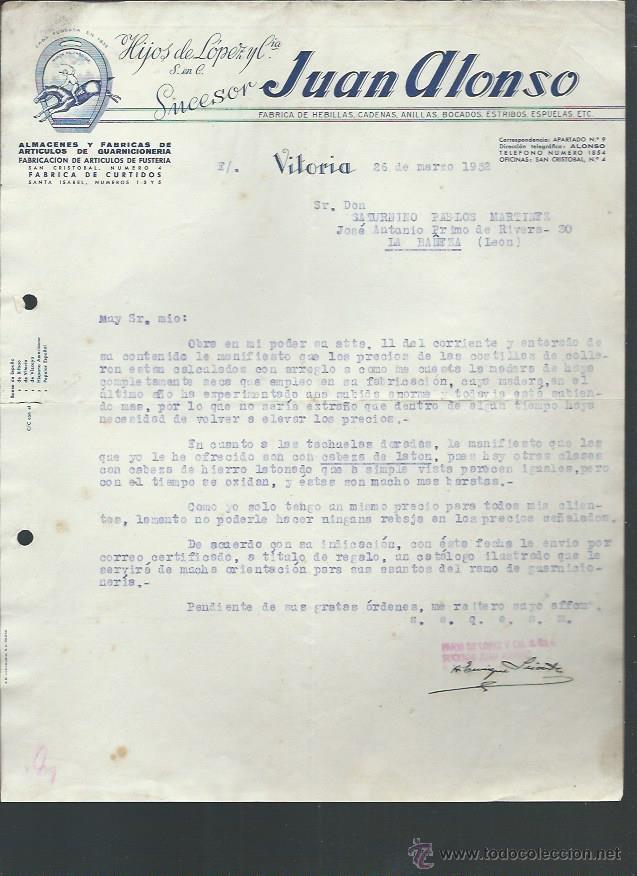 Lettere commerciali: CARTA COMERICAL HIJOS DE L&Oacute;PEZ Y C&Iacute;A. JUAN ALONSO, GUARNICIONER&Iacute;A, VITORIA 26 MARZO 1952