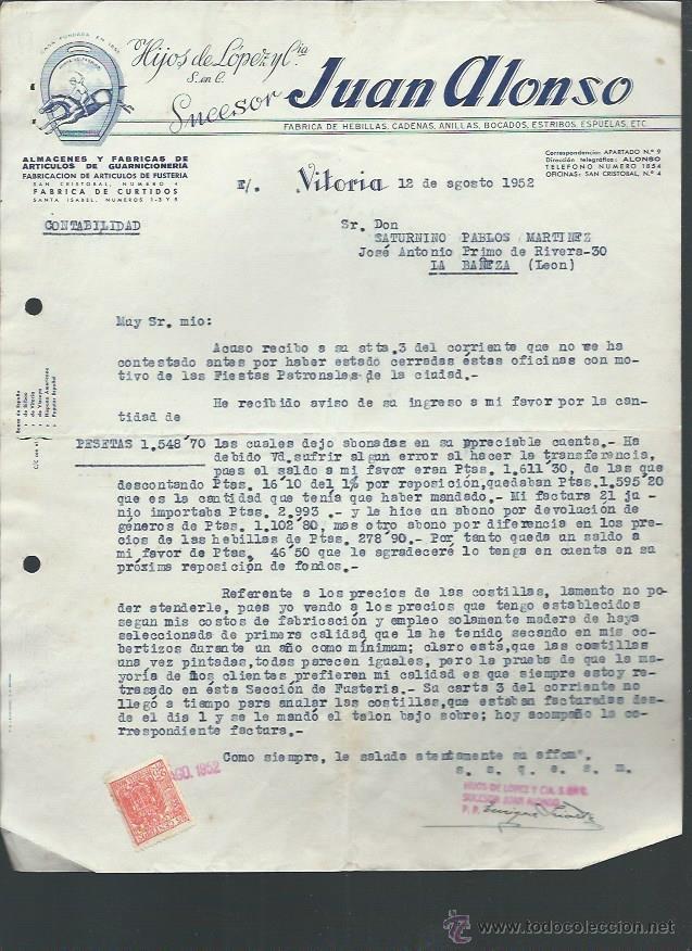 Lettere commerciali: CARTA COMERICAL HIJOS DE L&Oacute;PEZ Y C&Iacute;A. JUAN ALONSO, GUARNICIONER&Iacute;A, VITORIA 12 AGOSTO 1952