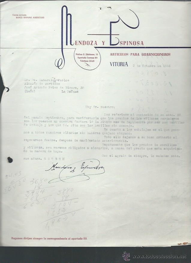 Lettere commerciali: CARTA COMERICAL MENDOZA Y ESPINOSA, GUARNICIONER&Iacute;A, VITORIA 3 OCTUBRE 1956