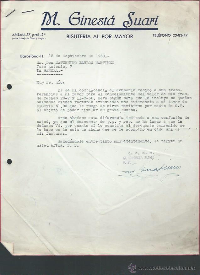 Lettere commerciali: CARTA COMERICAL M.GINEST&Aacute; SUARI, BISUTER&Iacute;A, BARCELONA 15 SEPTIEMBRE 1960