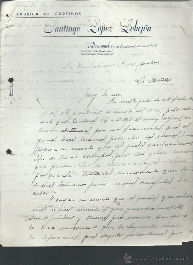 Cartas comerciais: CARTA COMERICAL F&Aacute;BRICA DE CURTIDOS SANTIAGO L&Oacute;PEZ LOBEJ&Oacute;N, VILLARRAMIEL 20 DICIEMBRE 1952
