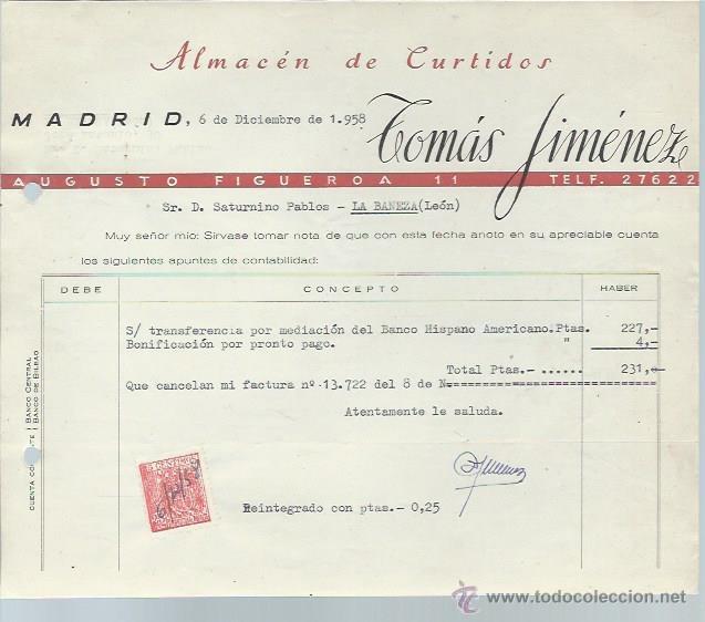 Lettres commerciales: CARTA COMERCIAL ALMAC&Eacute;N DE CURTIDOS TOM&Aacute;S JIMENEZ, MADRID 6 DICIEMBRE 1958, 20 POR 20CM