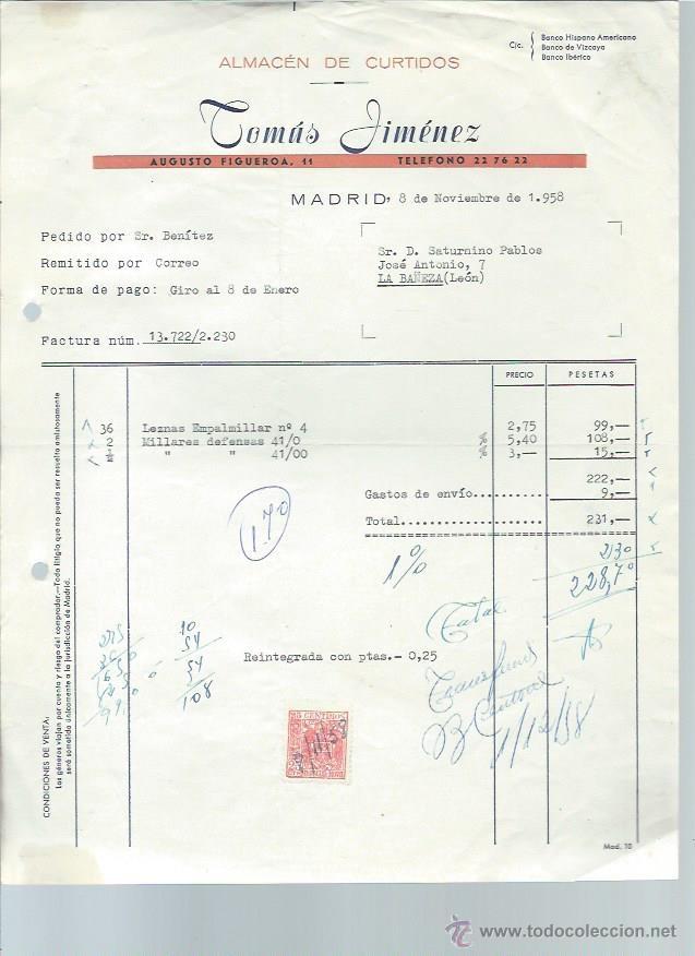 Lettres commerciales: CARTA COMERCIAL ALMAC&Eacute;N DE CURTIDOS TOM&Aacute;S JIM&Eacute;NEZ, MADRID 8 NOVIEMBRE 1958