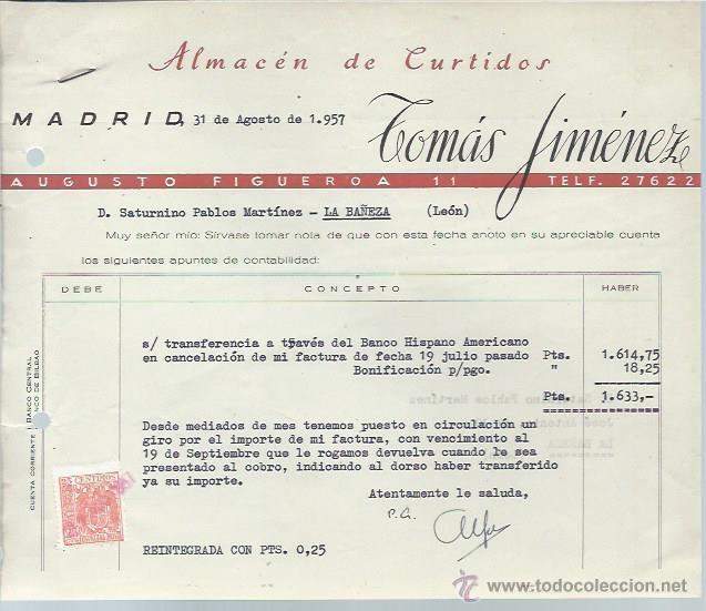 Lettres commerciales: CARTA COMERCIAL ALMAC&Eacute;N DE CURTIDOS TOM&Aacute;S JIM&Eacute;NEZ, MADRID 31 AGOSTO 1957
