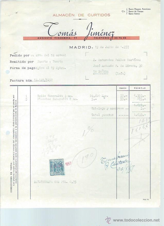 Lettres commerciales: CARTA COMERCIAL ALMAC&Eacute;N DE CURTIDOS TOM&Aacute;S JIM&Eacute;NEZ, MADRID 19 JULIO 1957