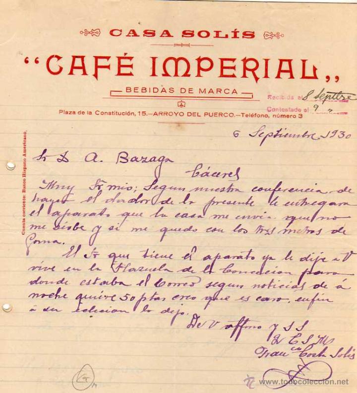 Cartas comerciales: Casa Sol&iacute;s Caf&eacute; Imperial. Bebidas de Marca. Firma propietario. C&aacute;ceres.