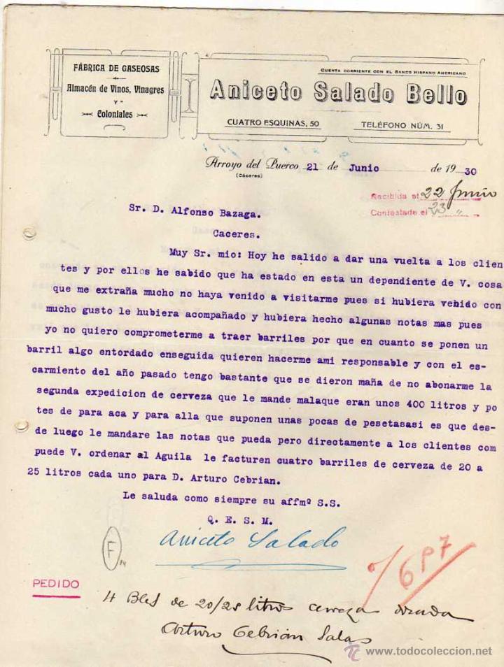 Lettres commerciales: F&aacute;brica de Gaseosas. Almac&eacute;n de vinos. Aniceto Salado Bello. Arroyo del Puerco. C&aacute;ceres. Firma.