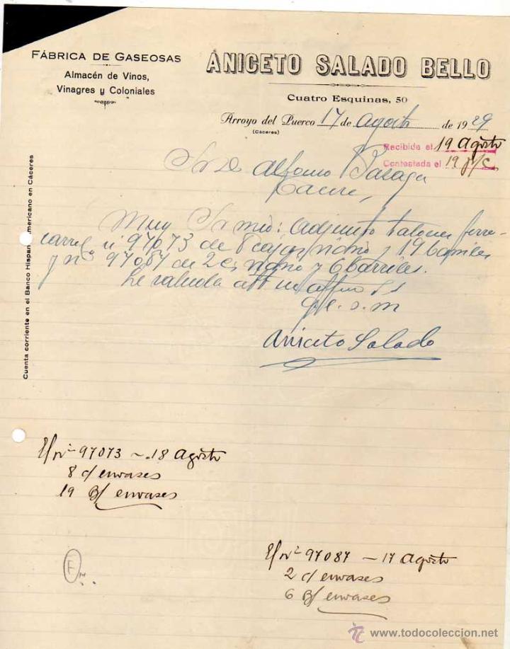 Cartas comerciales: F&aacute;brica de Gaseosas. Almac&eacute;n de vinos. Aniceto Salado Bello. Arroyo del Puerco. C&aacute;ceres.1929 Firma.