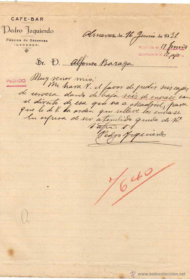 Cartas comerciales: Cafe Bar Pedro Izquierdo. F&aacute;brica de gaseosas. C&aacute;ceres. Almaraz. Firma propietario.