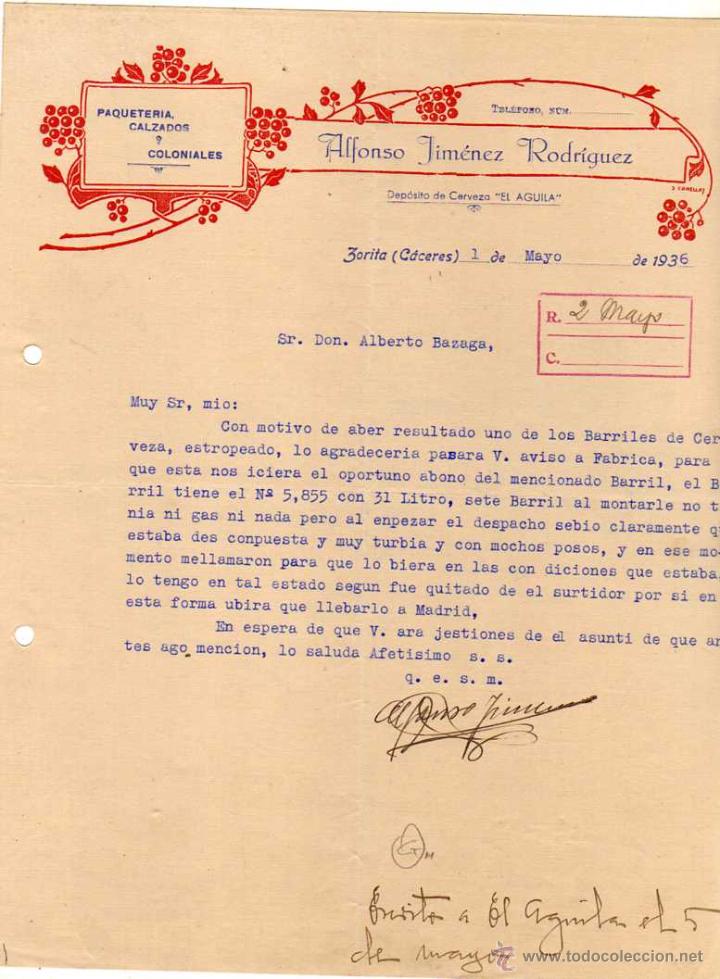 Lettere commerciali: Paqueter&iacute;a, calzados. Alfonso Jimenez Rodr&iacute;guez. Deposito Cerveza el Aguila. Zorita C&aacute;ceres