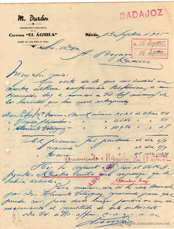 Lettres commerciales: M. Dur&aacute;n. Cerveza el Aguila. M&eacute;rida. Badajoz. Firma.