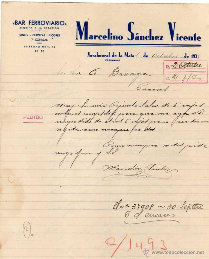 Cartas comerciais: Marcelino S&aacute;chez Vicente. Bar ferroviario. Navalmoral de la Mata. C&aacute;ceres. Vinos, cervezas, licores.