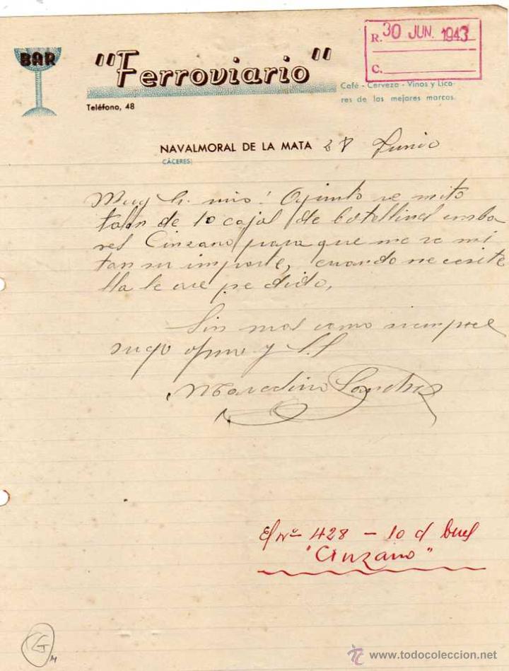 Cartas comerciais: Marcelino S&aacute;chez. Bar ferroviario. Navalmoral de la Mata. C&aacute;ceres. Vinos, cervezas 1943