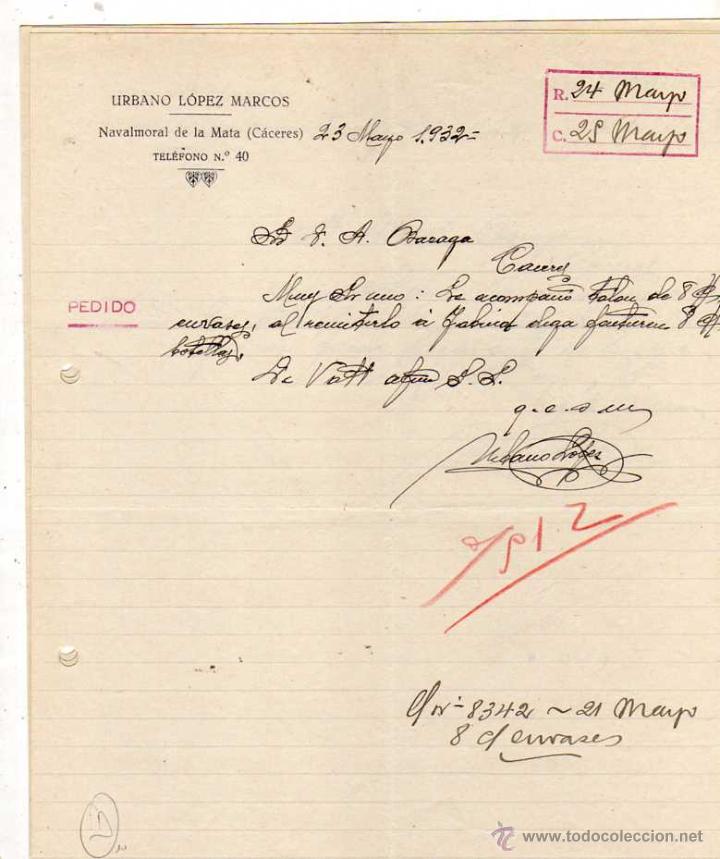 Commercial Letters: Urbano L&oacute;pez Marcos. Caf&eacute;, cervezas y licores. Navalmoral de la Mata. C&aacute;ceres 1933 firma propietario