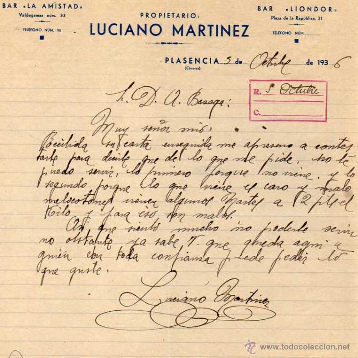 Gesch&auml;ftsbriefe: Bar la Amistad, bar Liondor. Luciano Martinez. Plasencia C&aacute;ceres.