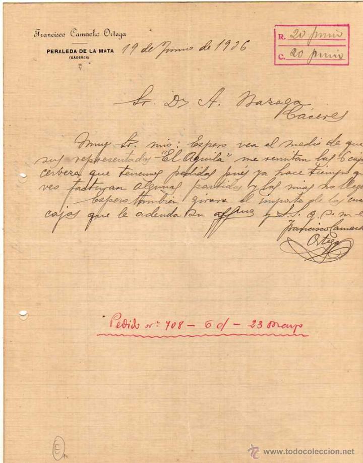 Cartas comerciales: Francisco Camacho Ortega. Peraleda de la Mata. C&aacute;ceres. 1936 - Foto 1