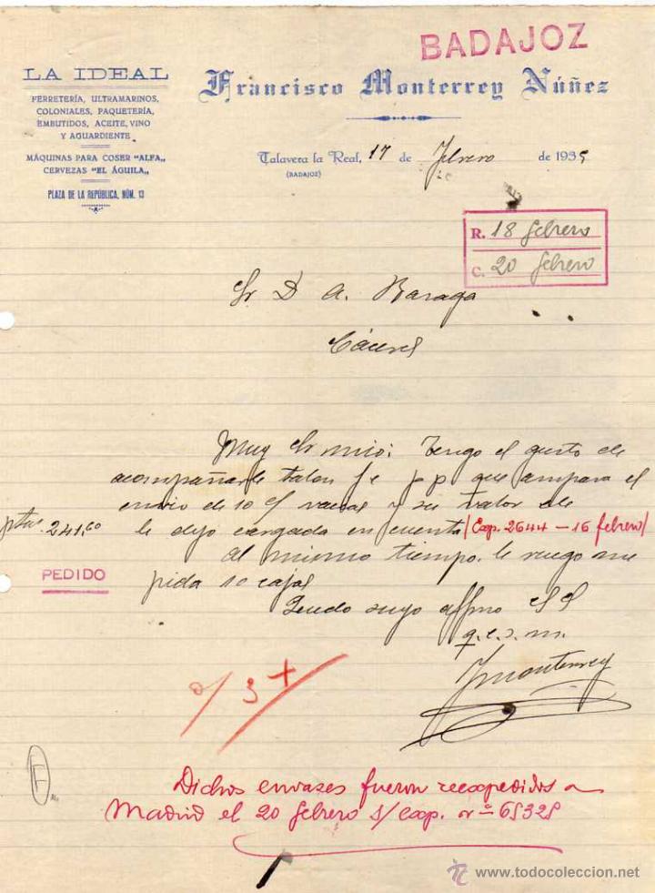 Lettres commerciales: La Ideal Francisco Monterrey N&uacute;&ntilde;ez. Ferreter&iacute;a, ultramarinos, Cervezas el Aguila. Talavera la Real
