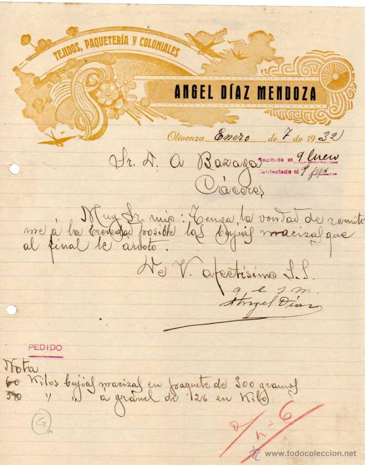 Lettere commerciali: Angel Diaz Mendoza. Olivenza. 1932 Badajoz. Tejidos, paqueter&iacute;a y coloniales. Firma propietario