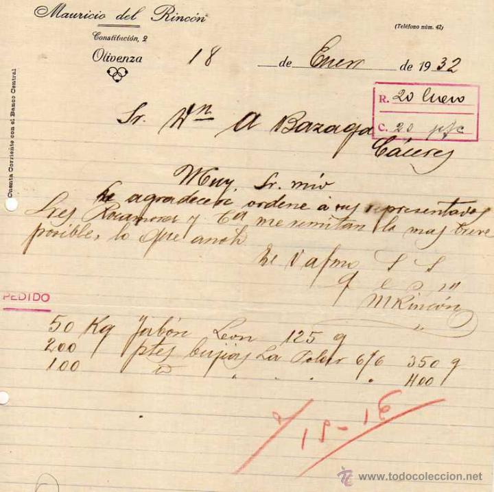 Lettere commerciali: Mauricio del Rinc&oacute;n. Olivenza. 1932 Firma del propietario.