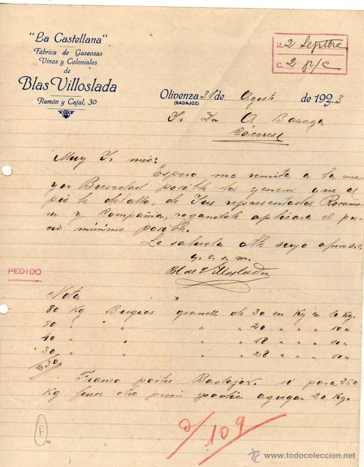 Lettres commerciales: La Castellana. F&aacute;brica de gaseosas, vinos y coloniales. Blas Villoslada. Olivenza. Badajoz.