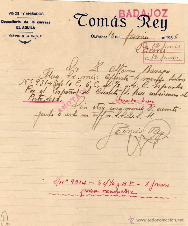 Commercial Letters: Tom&aacute;s Rey Rodr&iacute;guez. Vinos y anisados. Cerveza el Aguila. Olivenza. Badajoz.