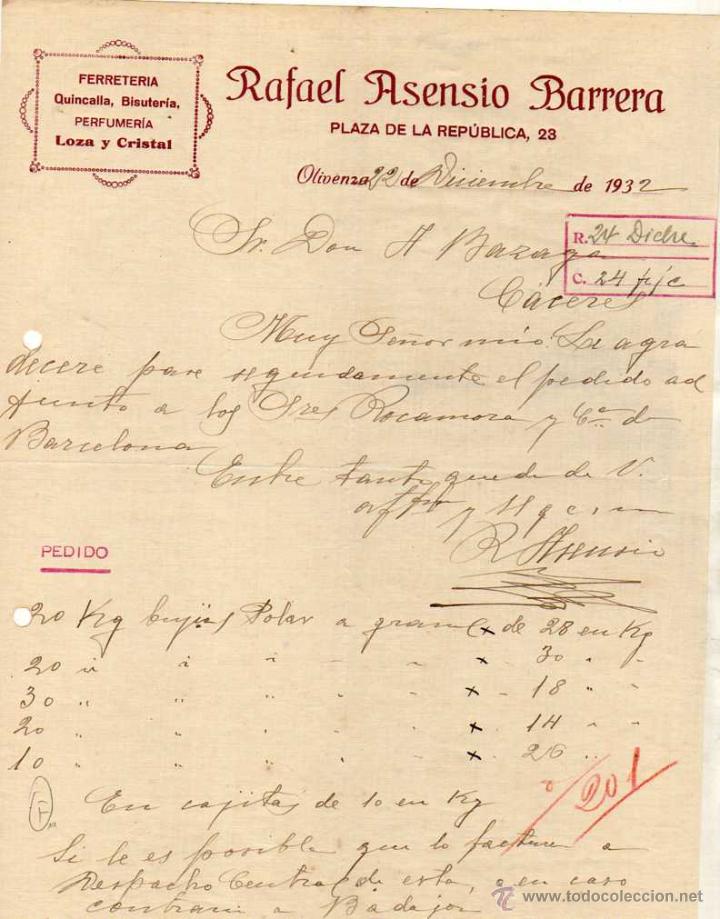 Lettere commerciali: Rafael Asensio Barrera. Ferreter&iacute;a, quincalla, bisuter&iacute;a, perfumer&iacute;a loza. Olivenza.