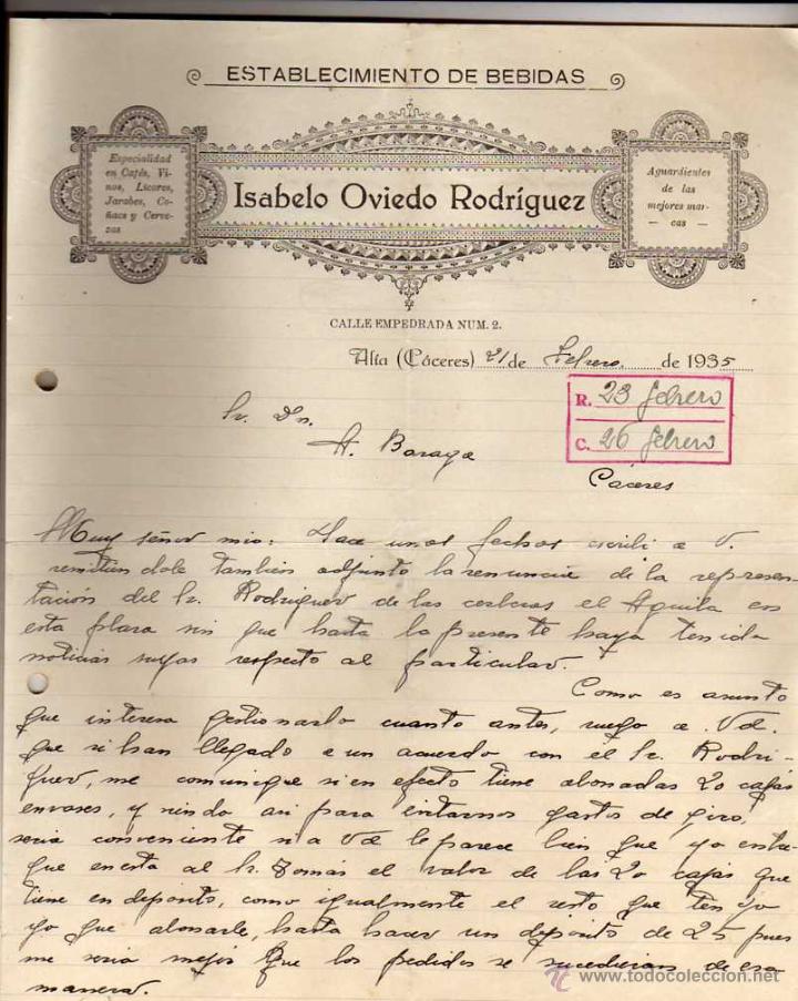 Gesch&auml;ftsbriefe: Bebidas. Isabelo Oviedo Rodriguez. Cafefs, cervezas, licores, etc. Alia. C&aacute;ceres. Firma propietario.