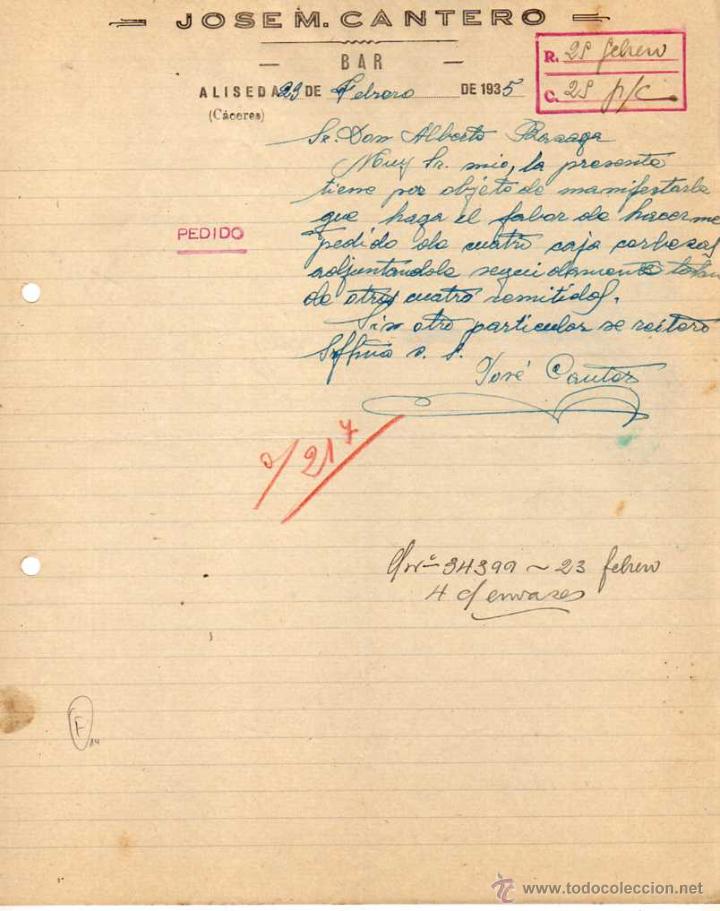 Gesch&auml;ftsbriefe: Jose M. Cantero. Bar Aliseda. C&aacute;ceres. 1935 Firma propietario.