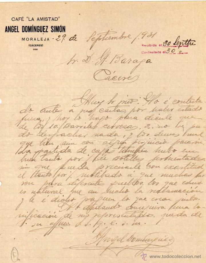 Gesch&auml;ftsbriefe: Caf&eacute; la Amistad. Angel Dom&iacute;nguez Sim&oacute;n. Moraleja. C&aacute;ceres. Firma propietario. 1931