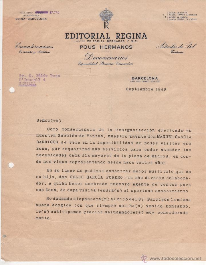 Cartas comerciales: 2 Cartas comerciales Editorial Regina. Pous Hnos: Encuadernaci&oacute;n, devocionario. Barcelona 1949 - 53