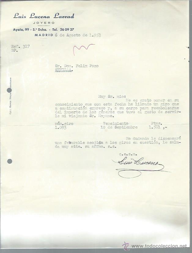 Cartas comerciales: CARTA COMERCIAL LUIS LUCENA LARRAD JOYERO, MADRID 6 AGOSTO 1953