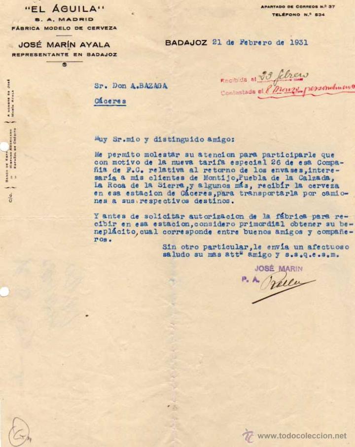 Cartas comerciais: El Aguila F&aacute;brica modelo de Cerveza. Jos&eacute; Mar&iacute;n Ayala. Representante Badajoz 1931