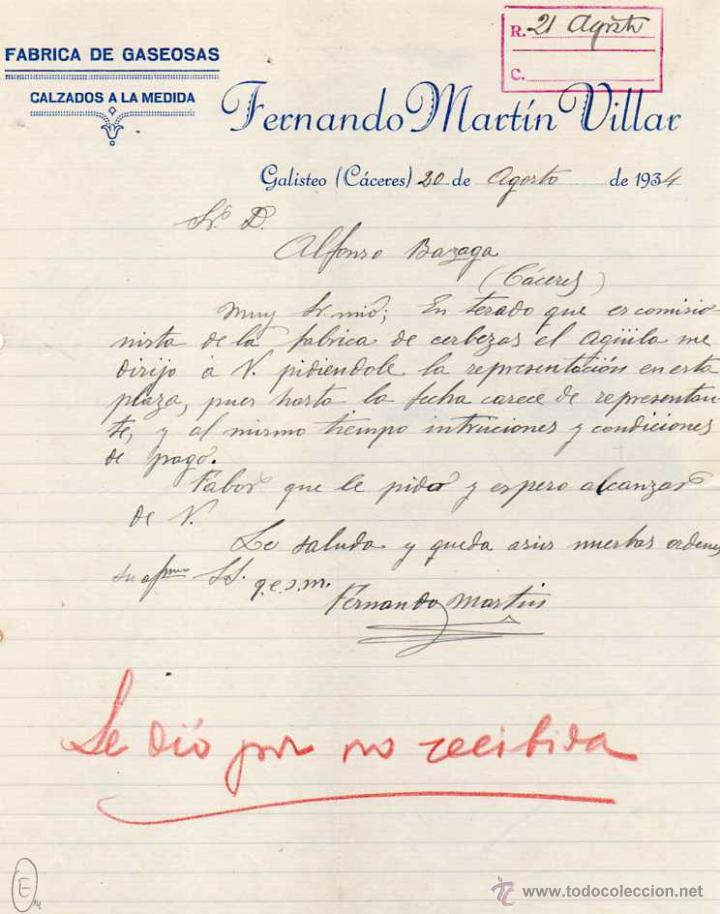 Cartas comerciales: F&aacute;brica de gaseosas, calzados a medida. Fernando Mart&iacute;n Villar. Galisteo C&aacute;ceres. 1934