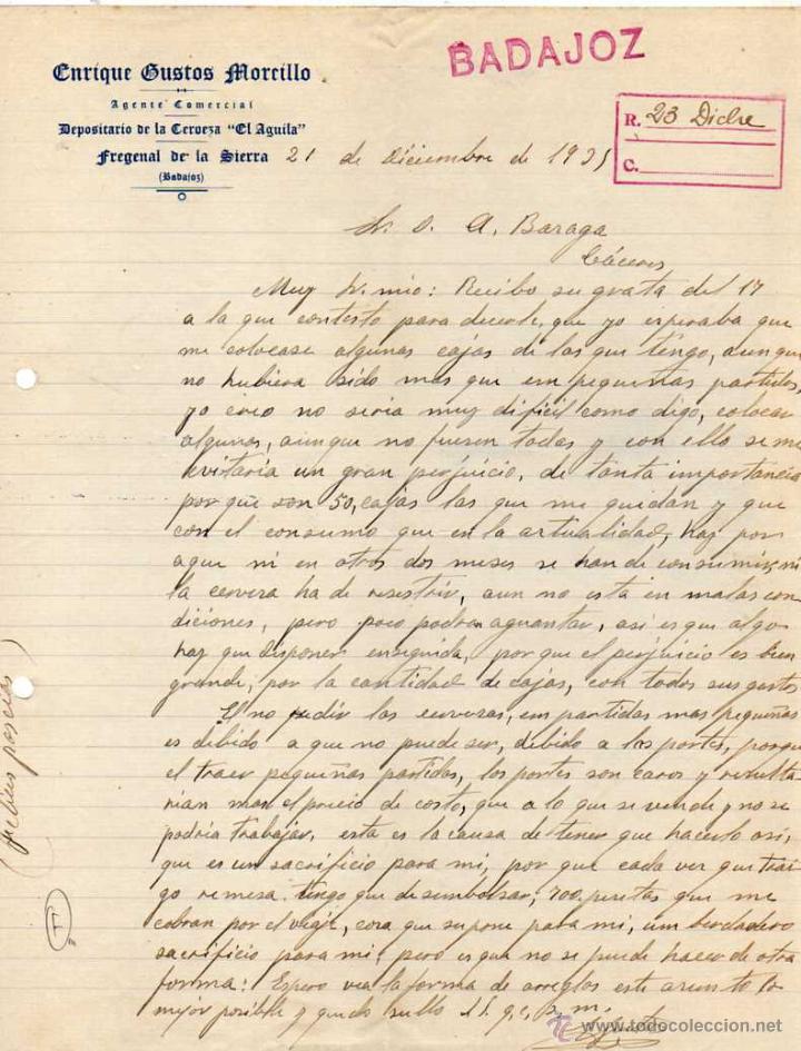 Lettres commerciales: Enrique Gustos Morcillo. Depositario Cerveza el Aguila. Fregenal de la Sierra. Badajoz.