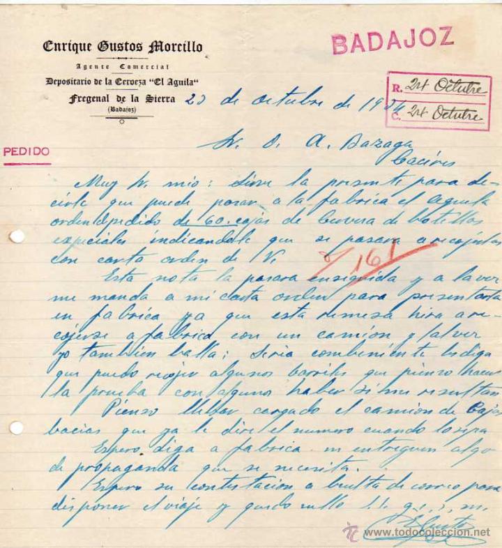 Lettres commerciales: Enrique Gustos Morcillo. Depositario Cerveza el Aguila. Fregenal de la Sierra. Badajoz.