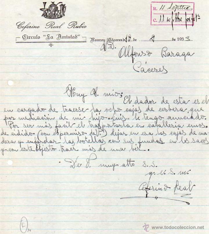 Lettres commerciales: Ceferino Real Rubio. C&iacute;rculo La Amistad. Monroy C&aacute;ceres. Firma propietario.
