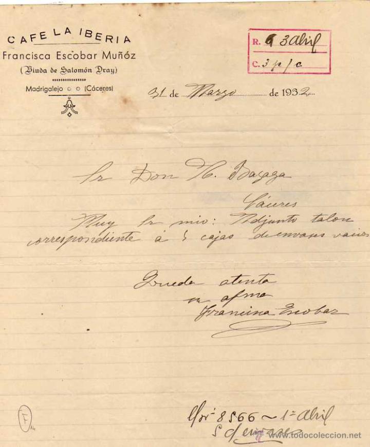 Cartas comerciales: Caf&eacute; La Iberia. Francisca Escobar Mu&ntilde;oz. Viuda de Salom&oacute;n Dray Madrigalejo. C&aacute;ceres Firma