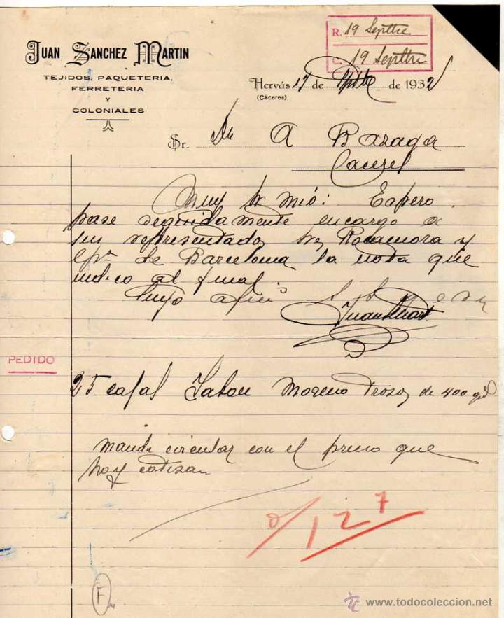 Lettres commerciales: Juan Sanchez Martin. Tejidos, paqueter&iacute;a, ferreter&iacute;a . Herv&aacute;s. C&aacute;ceres. 1932