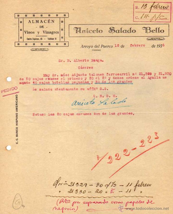 Lettere commerciali: Almanc&eacute;n de vinos y vinagres. Aniceto Salado Bello. Arroyo del Puerco. C&aacute;ceres. Firma propietario