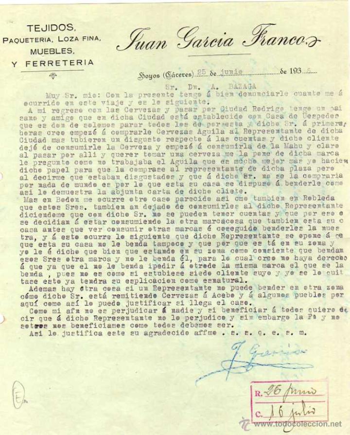 Lettere commerciali: Juan Garc&iacute;a Francos. Tejidos, paqueter&iacute;a, loza fina, muebles y ferreter&iacute;a. Hoyos. C&aacute;ceres.
