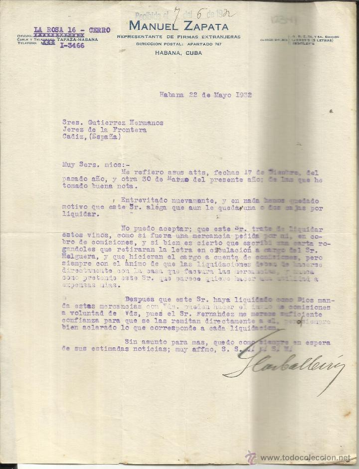 Commercial Letters: CARTA COMERCIAL DE MANUEL ZAPATA. REPRESENTANTE. HABANA. CUBA. 1932