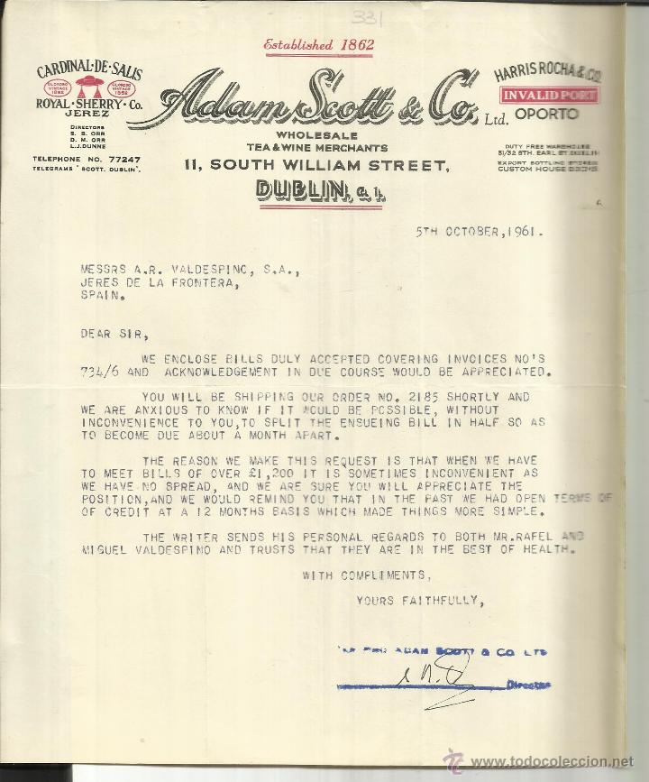 Gesch&auml;ftsbriefe: CARTA COMERCIAL DE ADAM SCOTT & CO. CARDINAL DE SALIS. DUBLIN. IRLANDA. 1961