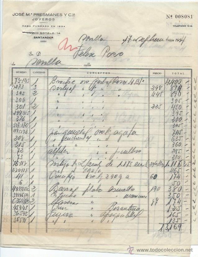 Cartas comerciales: CARTA COMERCIAL JOSE MAR&Iacute;A PRESMANES Y CIA JOYEROS, SEVILLA 17 SEPTIEMBRE 1954