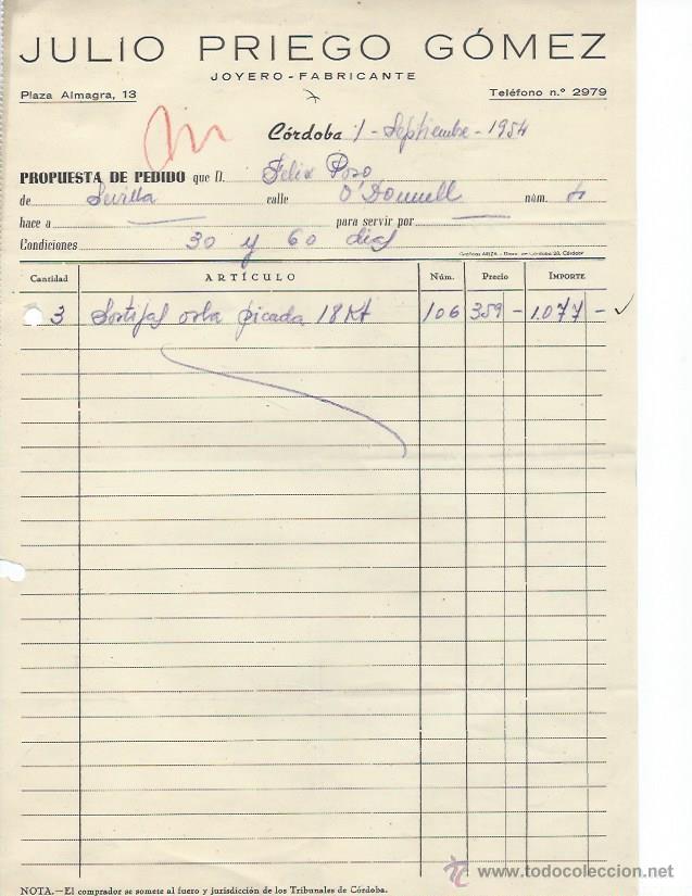 Cartas comerciales: CARTA COMERCIAL JULIO PRIEGO G&Oacute;MEZ JOYERO FABRICANTE, C&Oacute;RDOBA 1 SEPTIEMBRE 1954