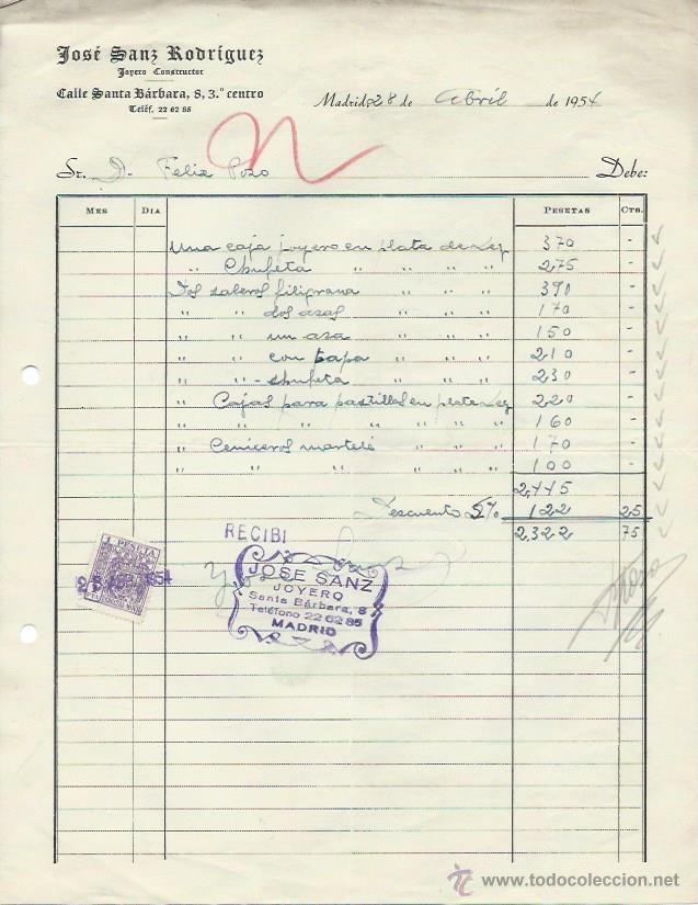 Cartas comerciales: CARTA COMERCIAL JOS&Eacute; SANZ RODR&Iacute;GUEZ JOYERO CONSTRUCTOR, MADRID 28 ABRIL 1954
