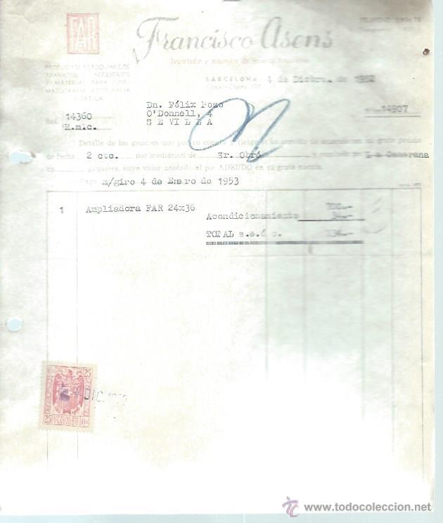 Lettere commerciali: CARTA COMERCIAL FRANCISCO ASENS MATERIAL FOTOGR&Aacute;FICO, BARCELONA 4 DICIEMBRE 1952