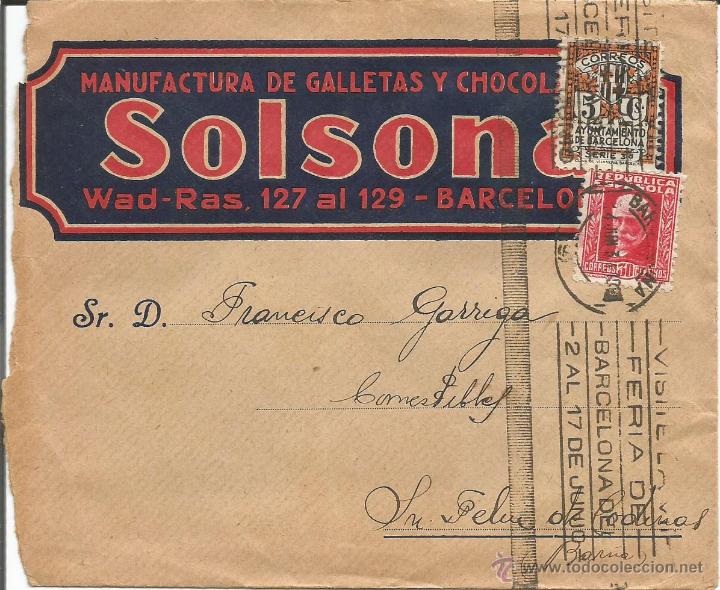 Cartas comerciales: SOBRE CARTA MANUFACTURA DE GALLETAS Y CHOCOLATE SOLSON BARCELONA - SELLO REPUBLICA ESPA&Ntilde;OLA CORREOS
