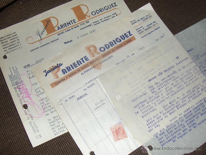 Lettres commerciales: JACINTO PARIENTE RODRIGUEZ, SACOS Y BIDONES, ALPARGATAS. MALAGA 1947.